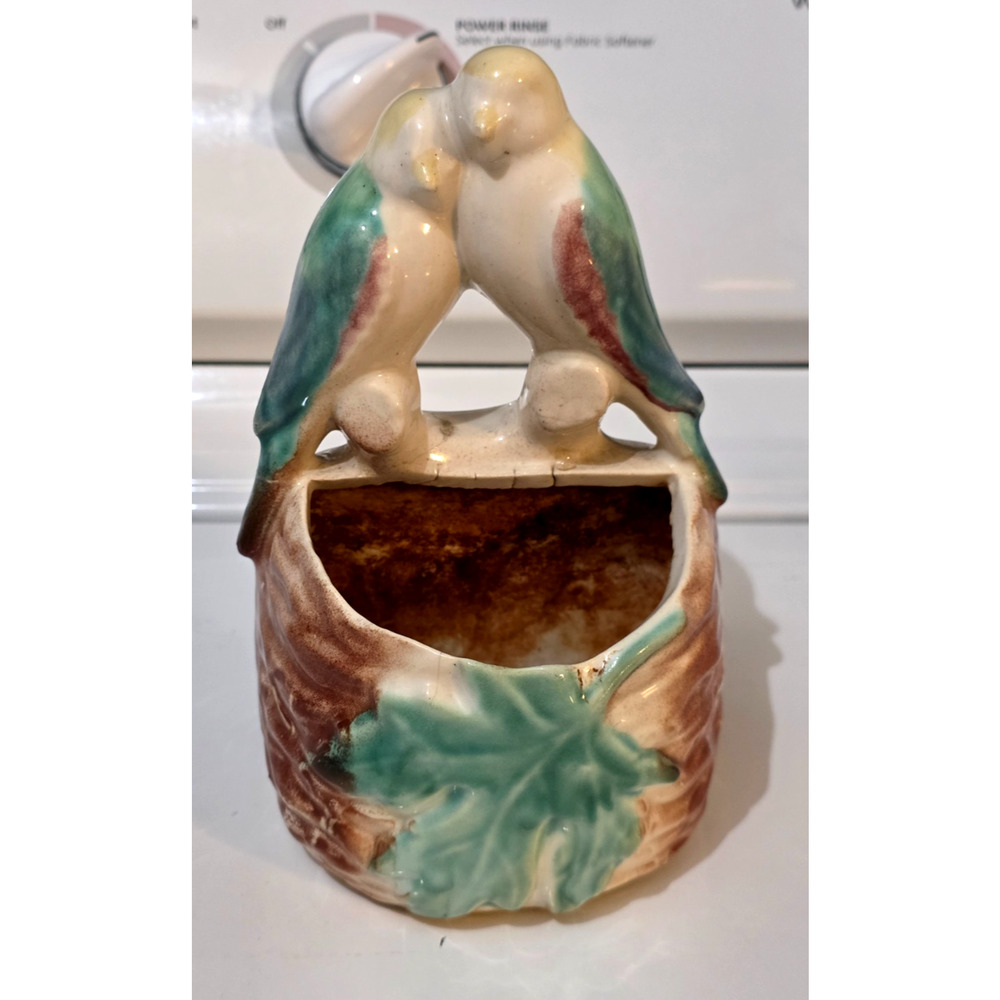 Vintage Japan 7" Lovebird Bird Ceramic Wall Pocket Planter
